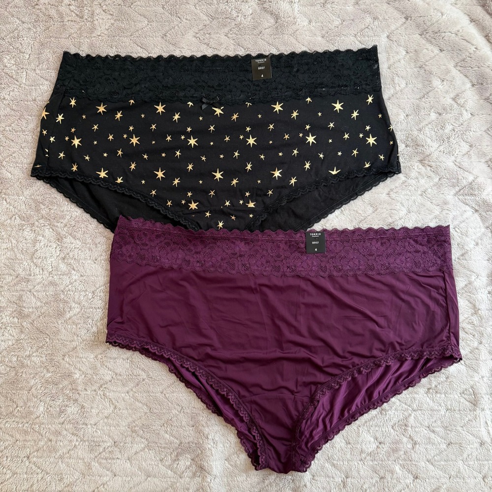 Torrid Curve Brief Panties Set of 2 Black Gold Star Plum Lace Waist Size 4